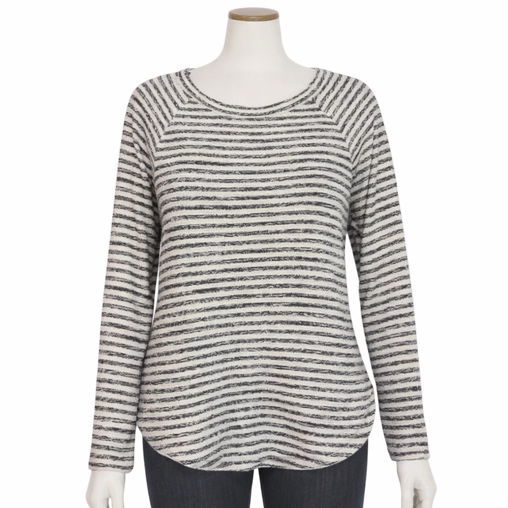 LOFT Womens Medium Striped Knit Top Long Sleeve Curved Hem Navy White‎ Raglan